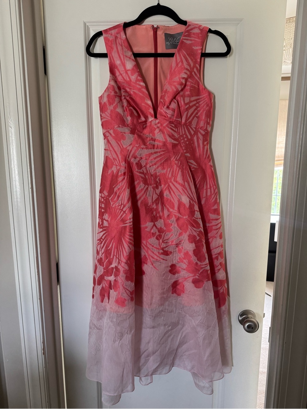 Lela Rose Pink Floral V-Neck Midi Dress